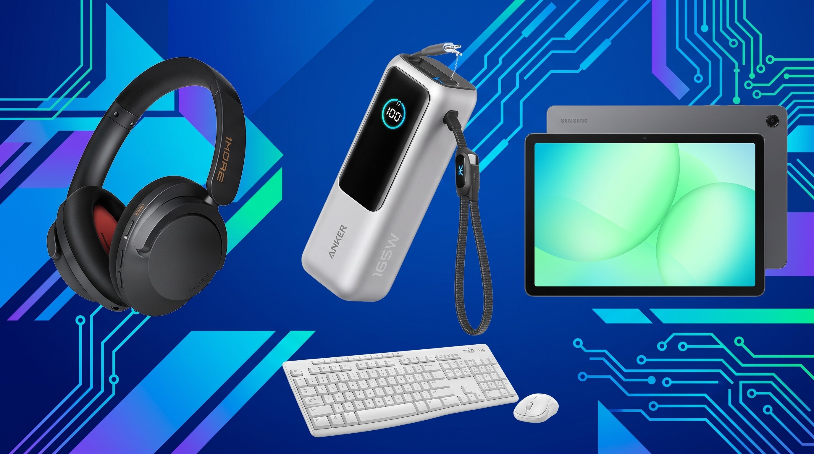 Technology for back to school on a blue electronic background.