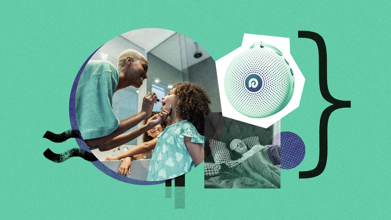 Photo collage of a product shot of a portable white noise machine, a woman sleeping with an eye mask on, and a mother and two daughters getting ready for bed, applying lip balm.