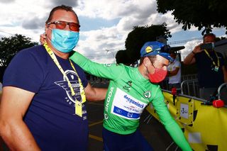 Director Wilfried Peeters and Mark Cavendish after his second stage win at the Tour de France