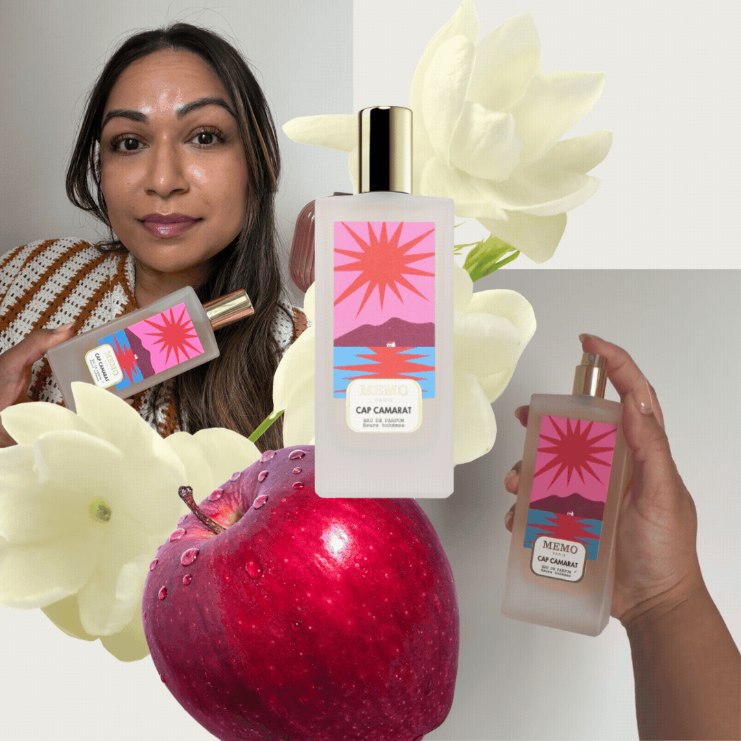 A picture of Digital Beauty Shopping Editor Aleesha Badkar holding a bottle of the Memo Paris Cap Camarat perfume, in a collage featuring a product shot of the fragrance and stock images of an apple and white flowers, as well as a GIF of Aleesha spraying the perfume.