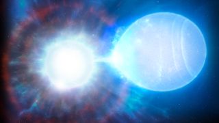 An artist's interpretation of a white dwarf exploding while matter from another white dwarf falls onto it