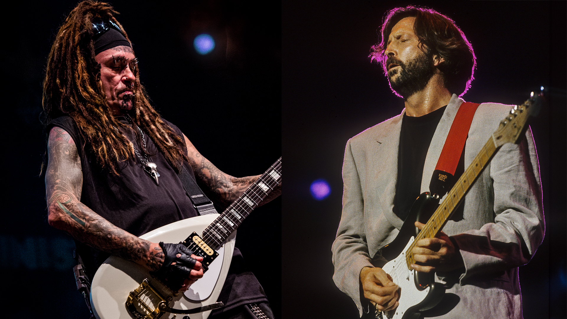LEFT: Al Jourgensen and his group Ministry performs in Rome, August 1, 2018 in Rome, Italy. RIGHT: Eric Clapton onstage at the Statenhal, in Netherlands, July 6, 1989. 