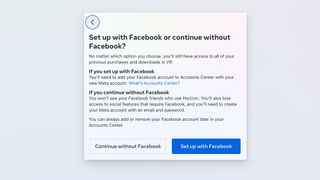 Meta account prompt asking whether to continue without Facebook or sign on with Facebook