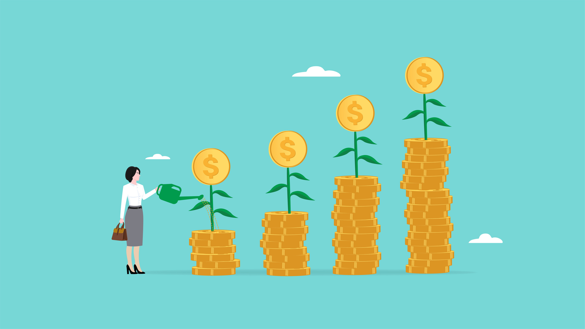 Business and financial growth illustration with the concept of a businesswoman watering plants on a golden coin diagram.