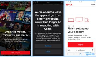 Three screenshots showing the new Netflix sign-up process on iOS