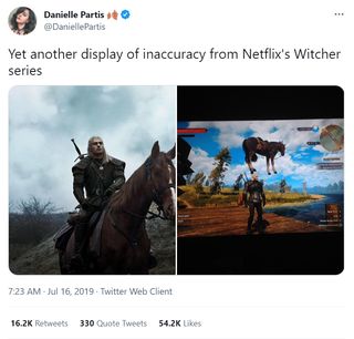Danielle Partis: Yet another display of inaccuracy from Netflix's Witcher series Attached images: 1. Geralt riding his horse Roach in the Netflix series. 2. Roach standing on Geralt's head due to a glitch in The Witcher 3.