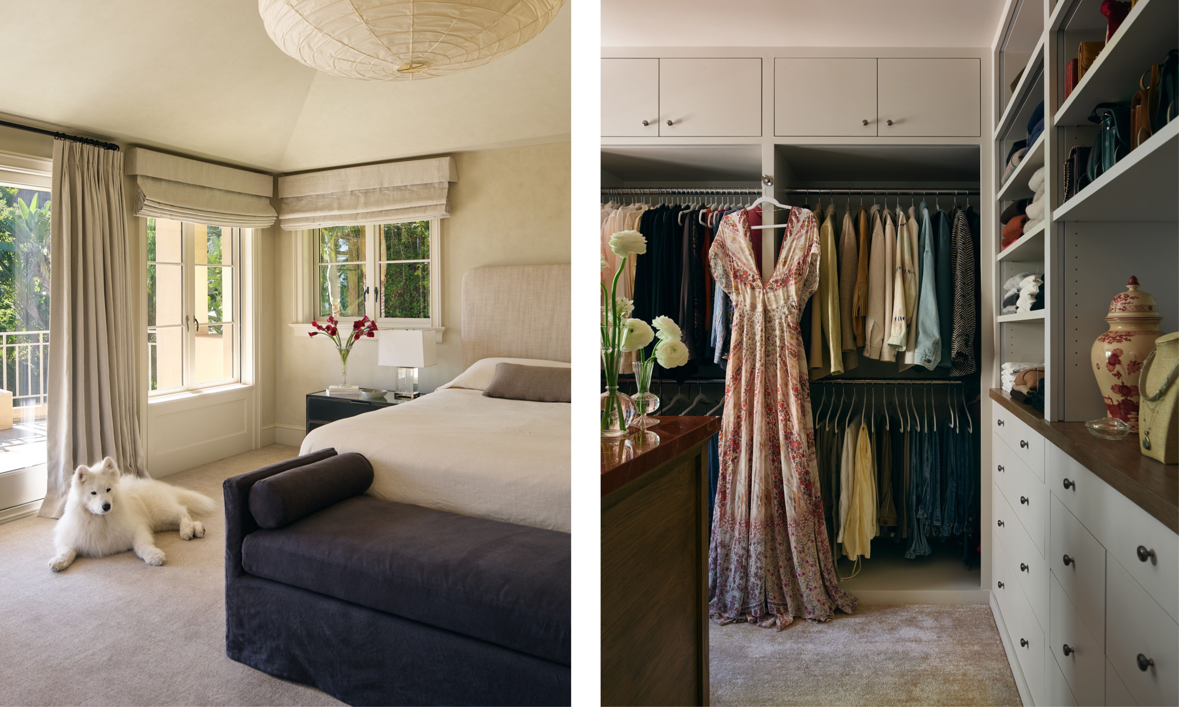 two side by side images of a neutral primary bedroom with a navy linen ottoman at the foot of the bed, patio doors, a white dog on the floor plus an image of a walk in closet