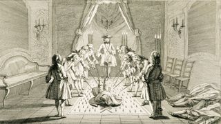 An etching, circa 1733, showing a group of Freemasons meeting for The Initiation Of A Master