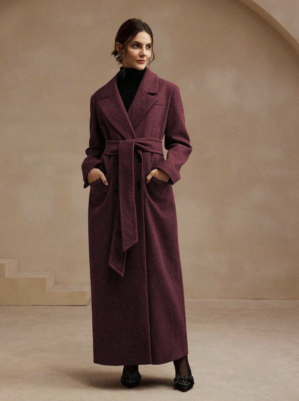 SHEIN x JWoww, Midi Length Belted Notched Collar Overcoat in Burgundy