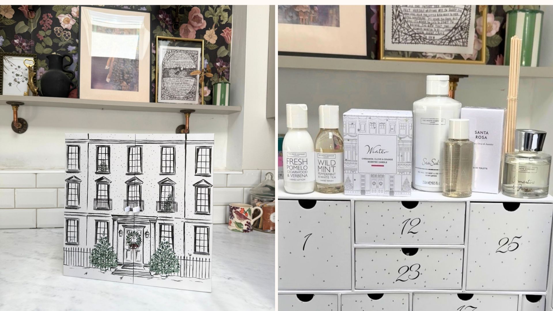 Split image of The White Company advent calendar 2026 the townhouse box and products