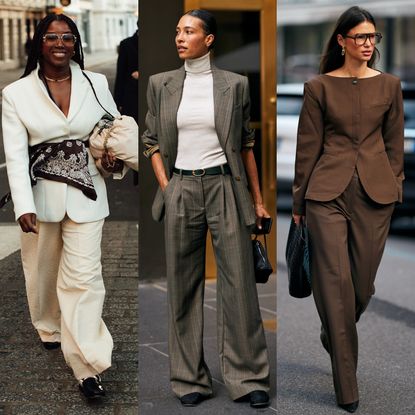 woman wearing a blazer and tailored trousers' woman wearing a suit set and a shirt; woman wearing a blazer and trousers
