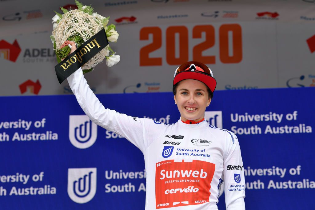 MACCLESFIELD AUSTRALIA JANUARY 16 Podium Juliette Labous of France and Team Sunweb White Best Young Jersey Celebration Flowers during the 6th Santos Womens Tour Down Under 2020 Stage 1 a 1163km Stage from Hahndorf to Macclesfield tourdownunder UCIWT TDU on January 16 2020 in Macclesfield Australia Photo by Tim de WaeleGetty Images