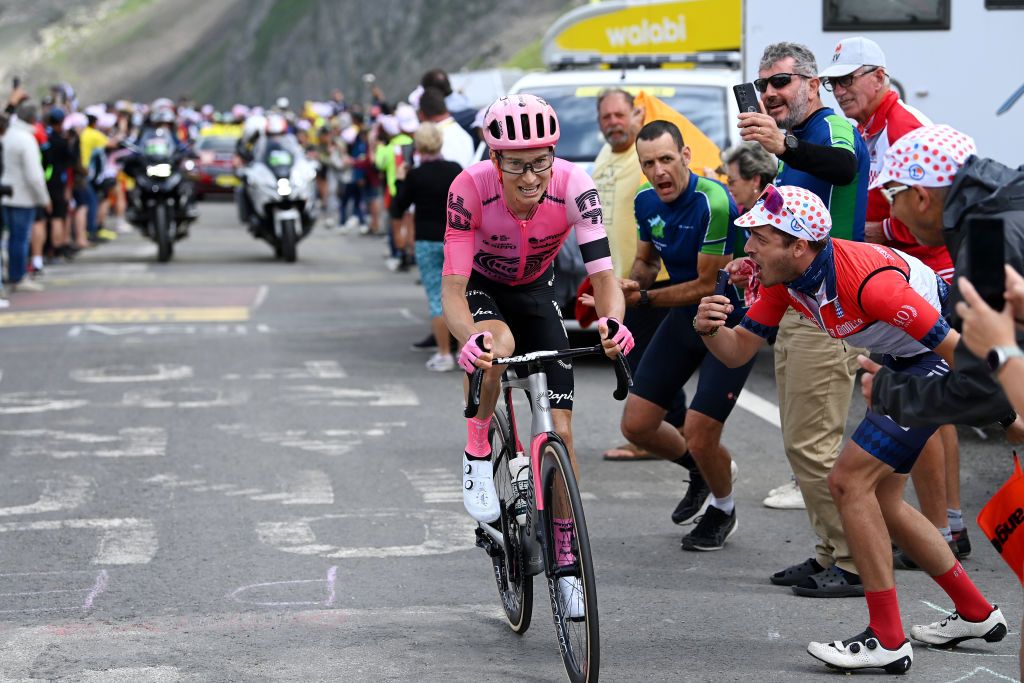 CAUTERETSCAMBASQUE FRANCE JULY 06 Neilson Powless of The United States and Team EF EducationEasyPost competes climbing down the Col du Tourmalet 2115m while fans cheers during the stage six of the 110th Tour de France 2023 a 1449km stage from Tarbes to CauteretsCambasque 1355m UCIWT on July 06 2023 in CauteretsCambasque France Photo by Tim de WaeleGetty Images