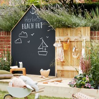 garden area with wooden fence and blackboard