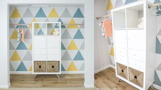 Colourful geometric wall mural with white cube storage closet in front