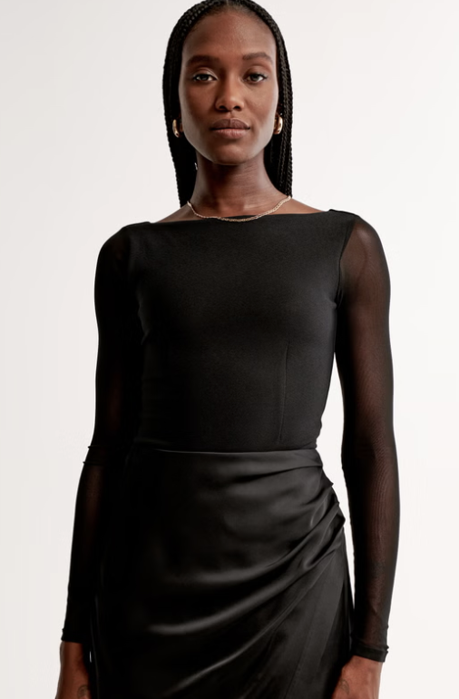 Abercrombie &amp;amp; Fitch, Long-Sleeve Mesh Crepe Shell Bodysuit