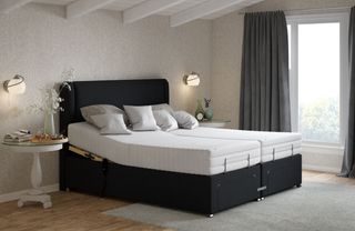 Adjustable upholstered bed in neutral bedroom