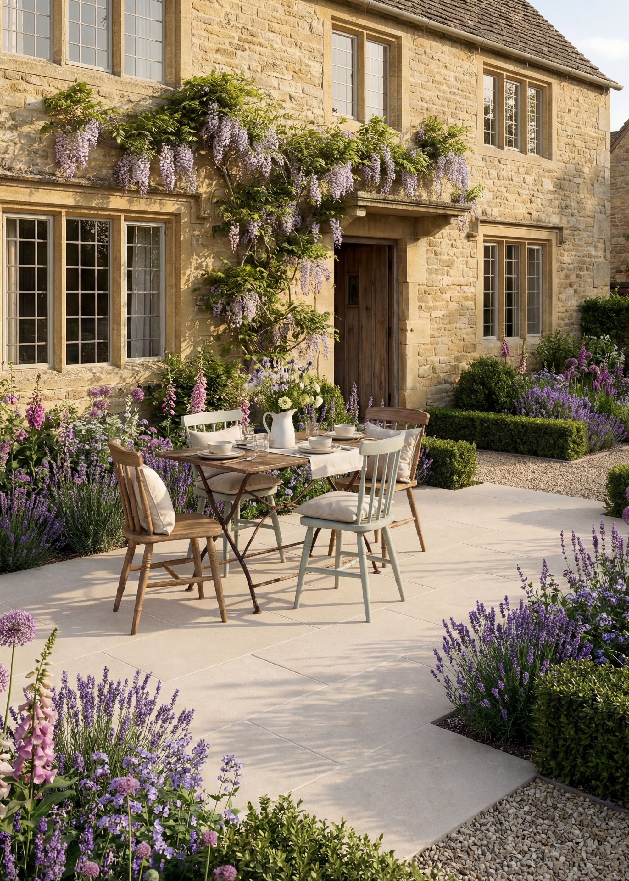 paved patio in front of home with wisteria clad exterior, dining table and lavender flower beds