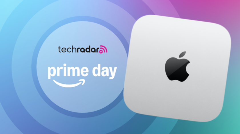 Apple Mac mini (M4) on a rainbow background next to a TechRadar badge reading &#039;Prime Day&#039;