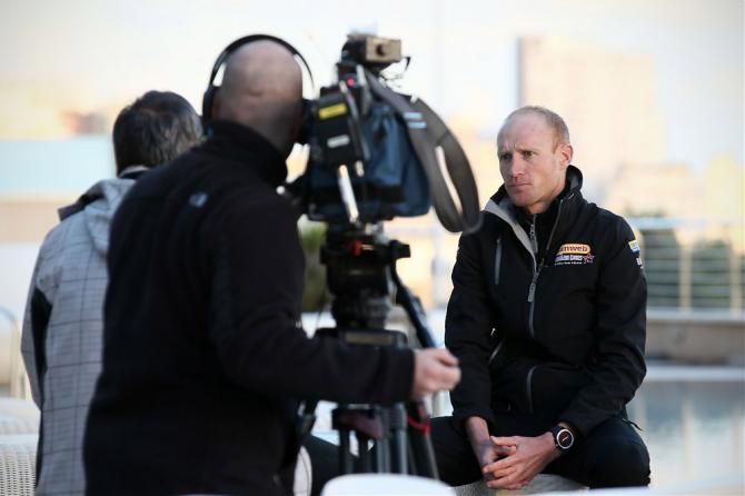 Belgian 'cross champion Klaas Vantornout conducts an interview while at his team's training camp in Calpe, Spain