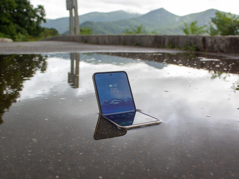 Samsung Galaxy Z Flip 3 open in the rain