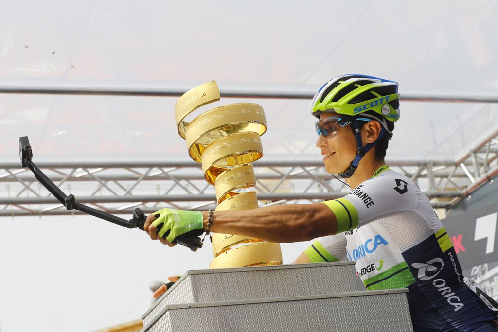 Esteban Chaves filming for the 'backstage pass' that Orica-GreenEdge put out each day