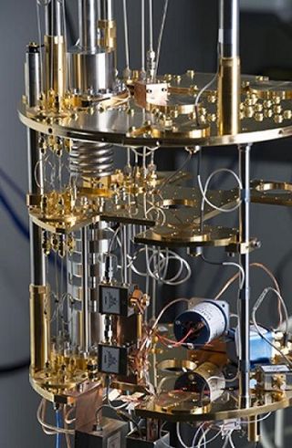 The superconducting circuit acts like an artificial atom. The device must be kept just a few degrees above absolute zero so heat will not interfere with the microwaves flowing through the device.