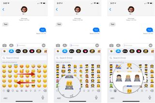 How to use emoji, showing how to swipe left or right to browse emoji, then tap the emoji you want to use, then tap the version of the emoji when it's available