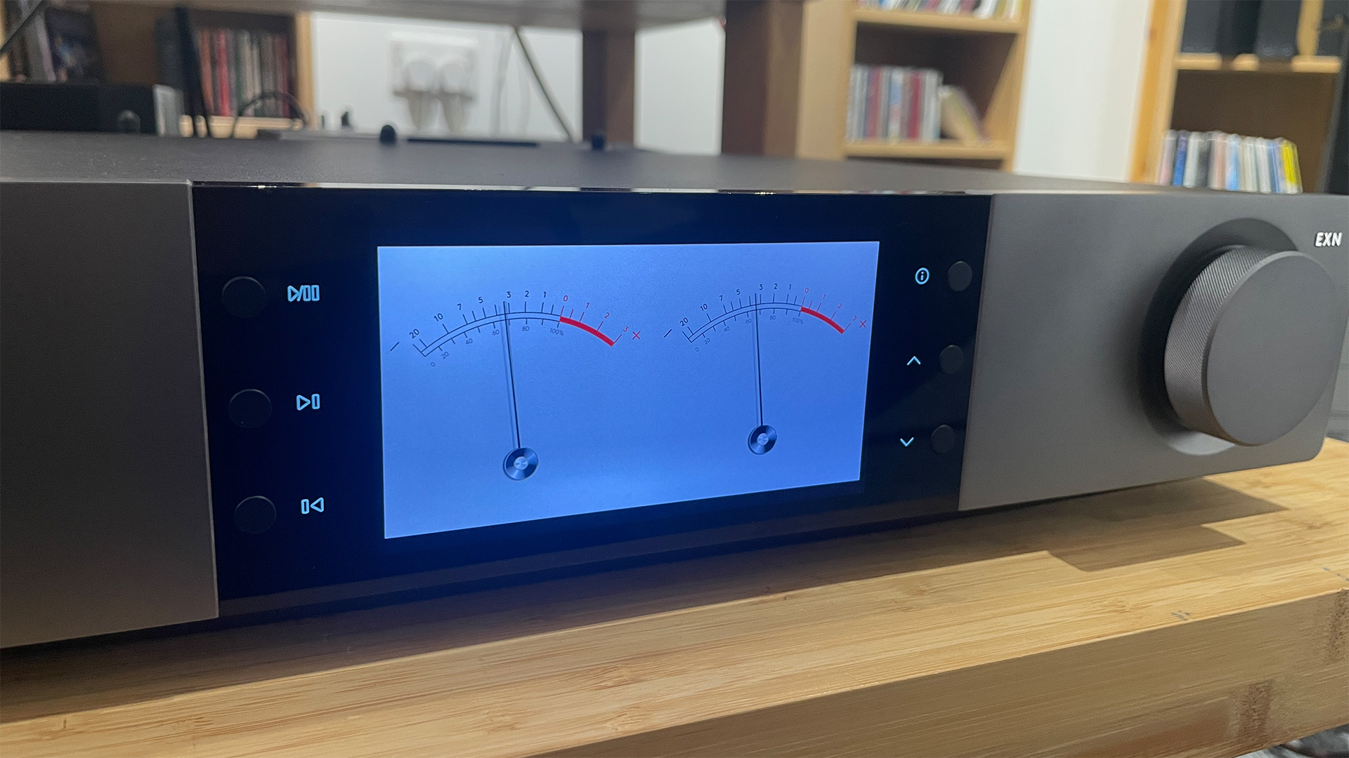 Cambridge Audio EXN100 music streamer showing VU display on screen