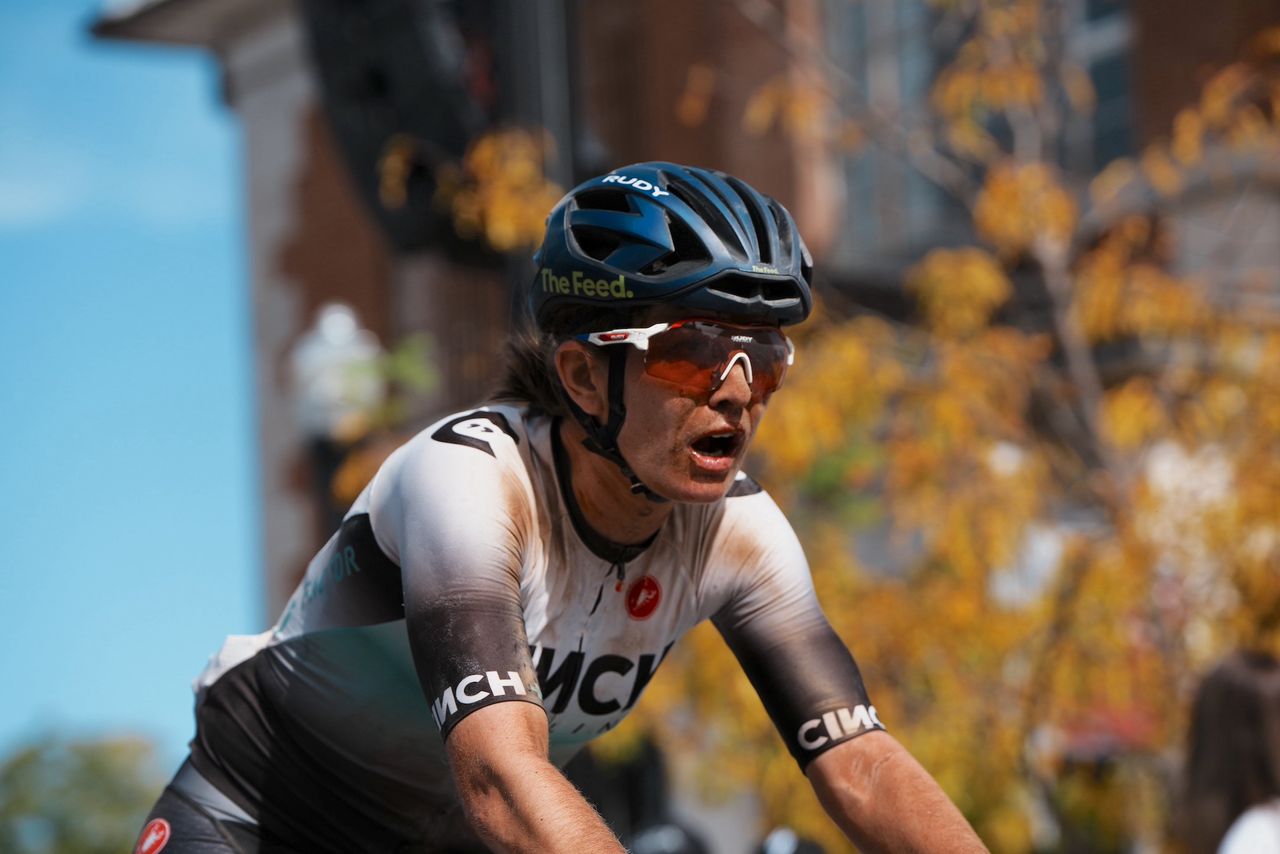 Lauren De Crescenzo (Cinch Racing) reacts to finishing second at Big Sugar Gravel