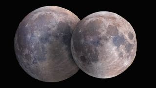 side by side comparison of a supermoon on the left and a micromoon on the right. The supermoon appear about 15% larger than the micromoon.