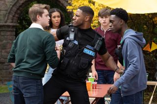 DeMarcus (right) was framed for the killing of Saul (centre) by Joseph (left) on Hollyoaks.