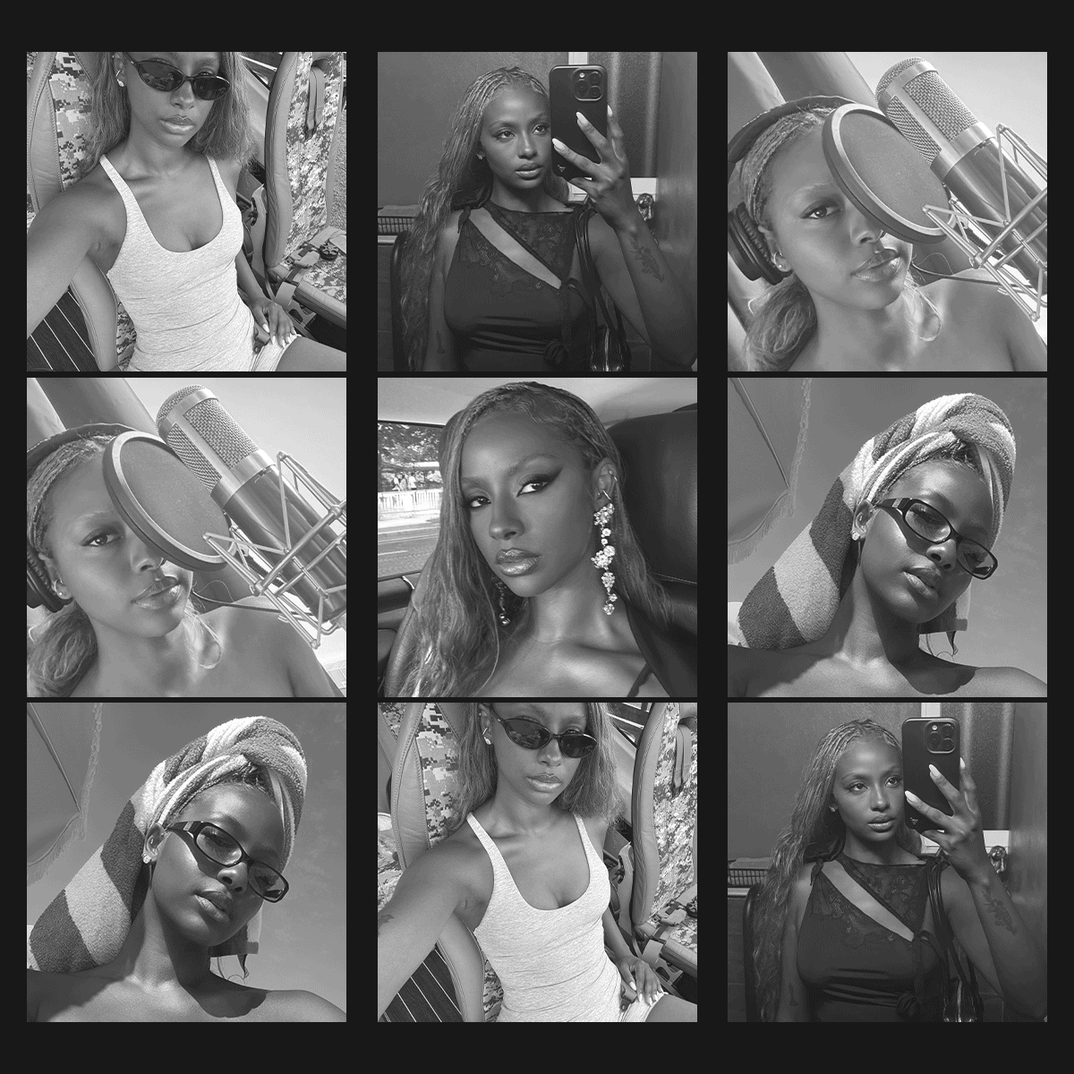 Pictured are a collection of selfies of Justine Skye designed to look like a Camera Roll Image gallery on a Iphone. 