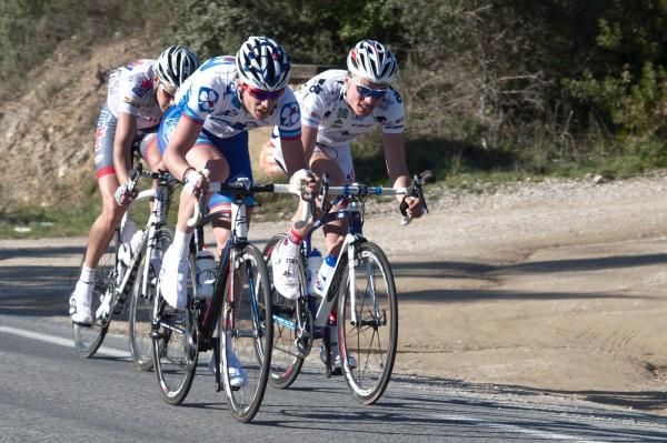 Arthur Vichot continues to drive the break near the finish.