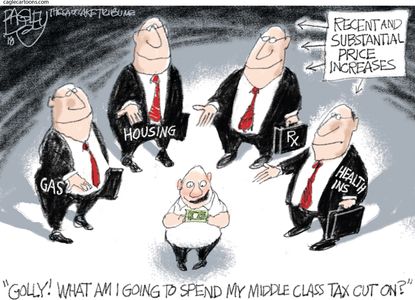 Political cartoon U.S. income tax cuts housing gas prices health insurance