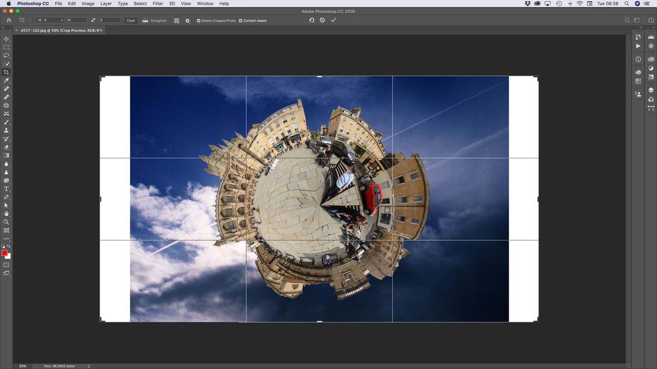This &lsquo;tiny planet&rsquo; panorama was created in Photoshop and layered onto a new sky &ndash; but what if we want a wider 16:9 ratio version? This is a job for the Content&shy; Aware Crop option
