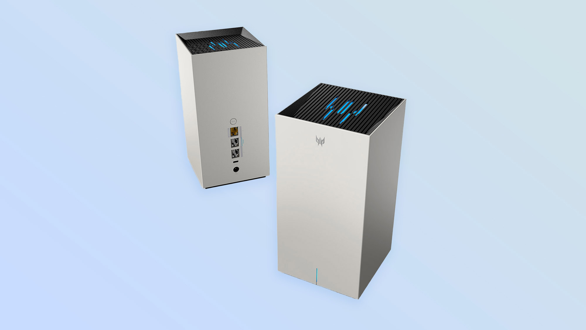 A product render of the Acer Predator Connect T7 Wi-Fi 7 gaming mesh router.