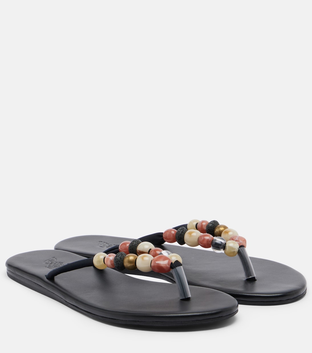 Saionara Beaded Leather Thong Sandals in Black - Ancient Greek Sandals