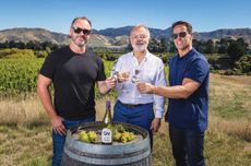 Graham Norton and Invivo co-founders Rob Cameron and Tim Lightbourne in Awatere Valley
