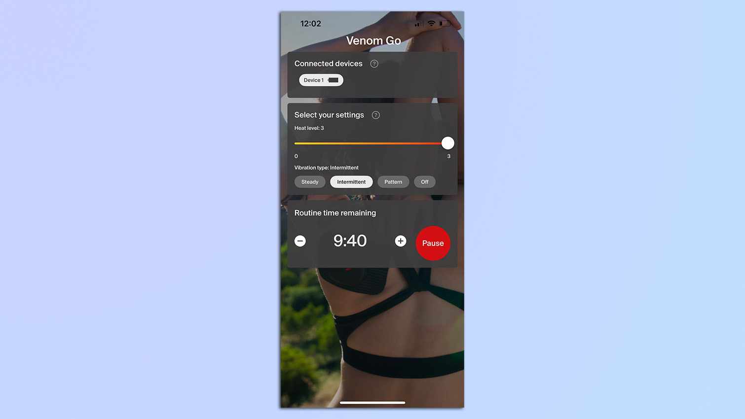 Screenshot from the Hyperice app for the Hyperice Venom Go.
