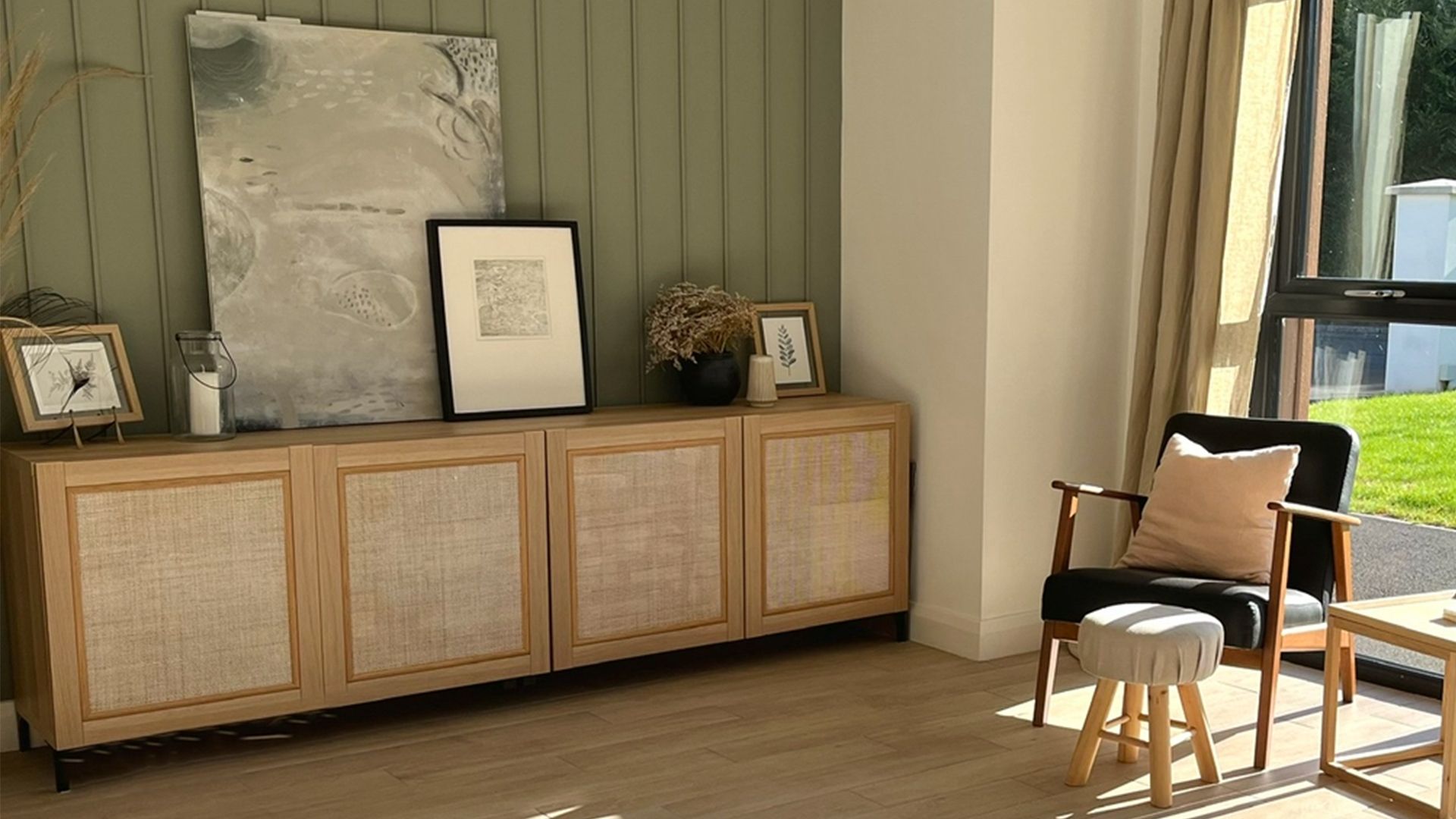 Wooden sideboard unit with cane panelling