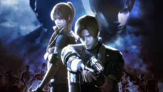 A crop of the key art for Resident Evil: The Darkside Chronicles, showing Leon Kennedy with gun drawn standing next to Claire Redfield, surrounded by zombies and other characters in a montage