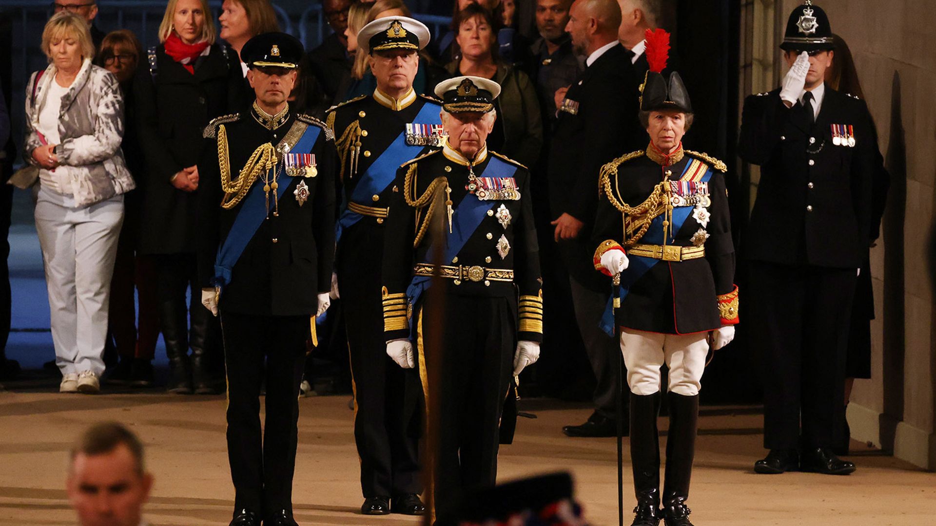 King Charles, Princess Anne, Prince Edward and Prince Andrew stand Vigil of the Princes over Queen Elizabeth II's coffin