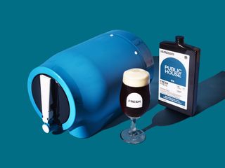 blue home brewing kit called the pinter with glass of beer