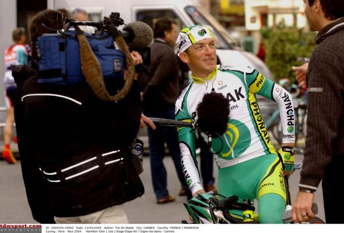 Tyler Hamilton talks to the press at Paris-Nice