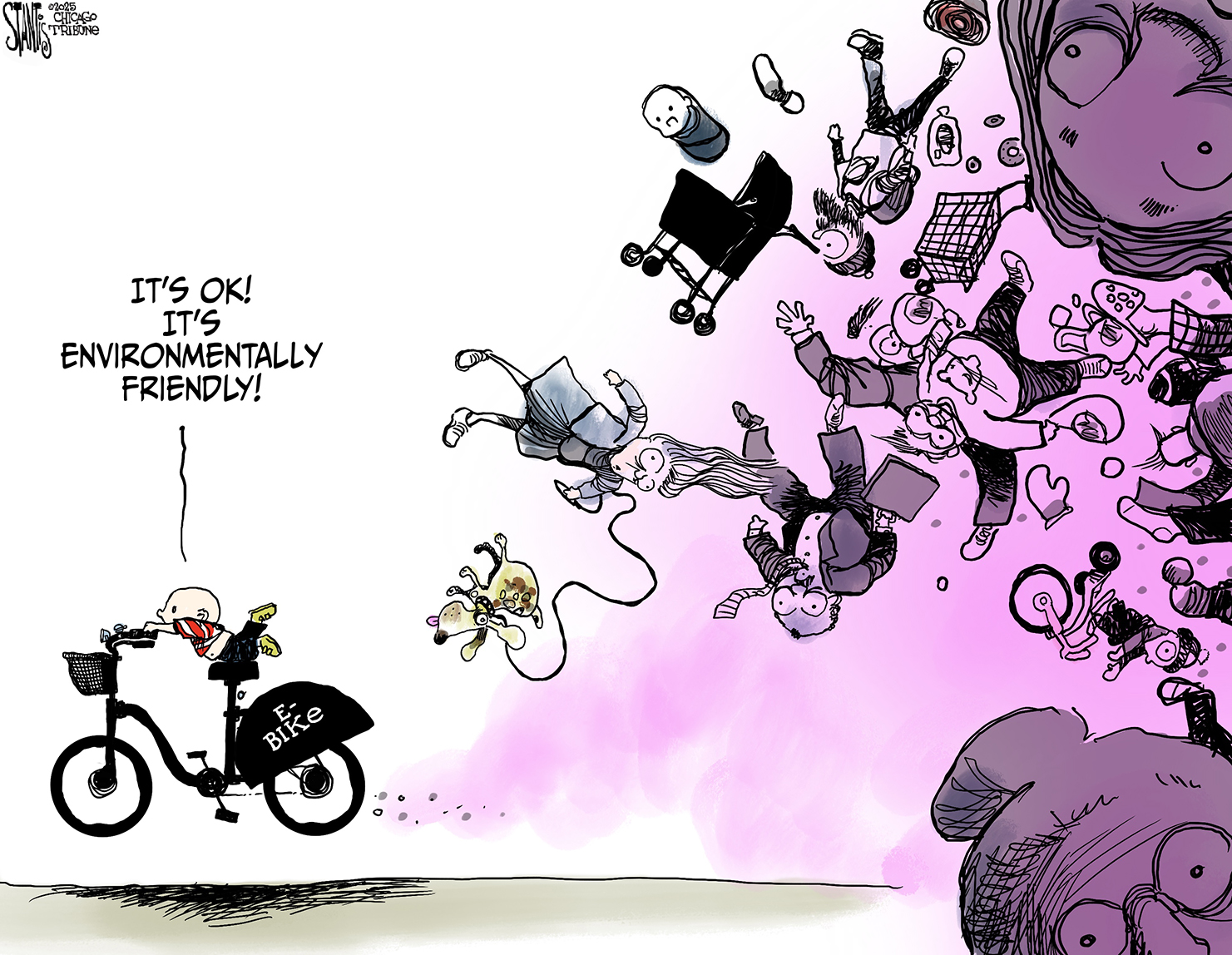 This cartoon depicts a toddler on an &amp;ldquo;E-bike&amp;rdquo; who leaves behind him a wake of upended people of all ages and races, including an elderly woman, a dog walker, a man in a suit, a hipster-looking guy with a beard, another little kid on a tricycle and more. The boy on the e-bike says, &amp;ldquo;It&amp;rsquo;s OK! It&amp;rsquo;s environmentally friendly!&amp;rdquo;