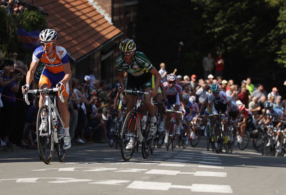 The peloton makes it's way up the Mur de Huy during the 2011 Fleche Wallonne.