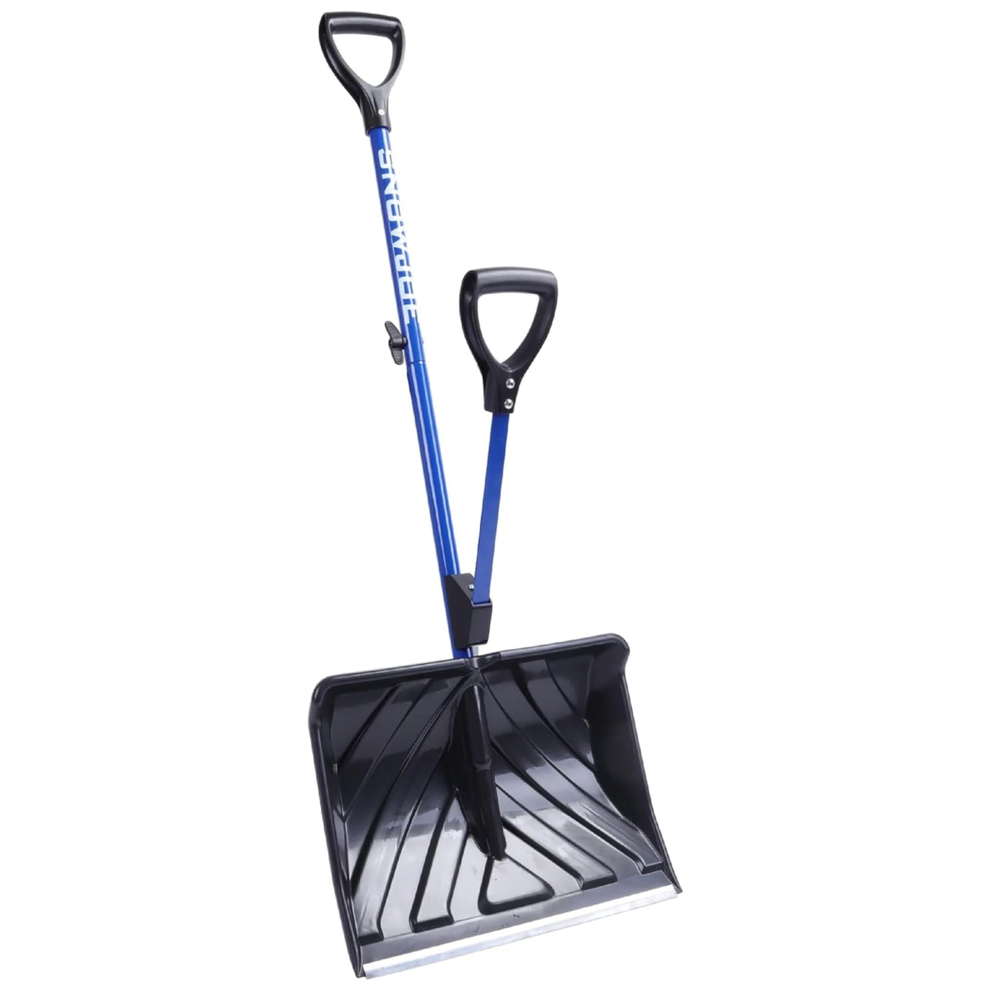 Black snow shovel with blue handle