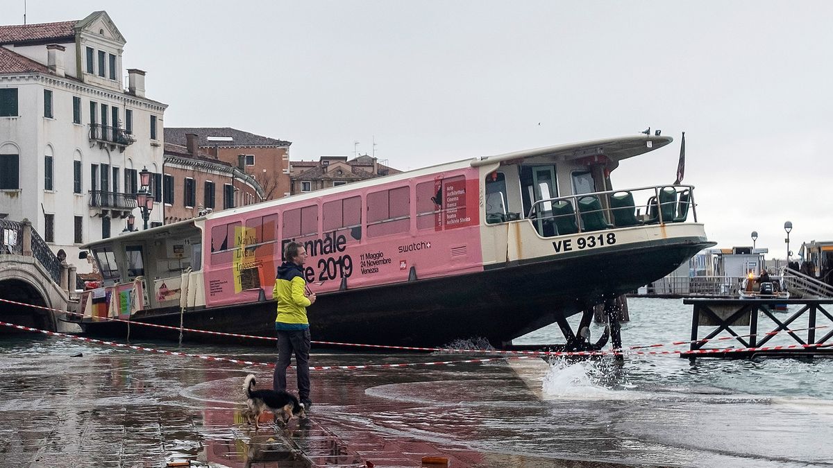 A water taxi sits moored in a Venetian courtyard following the second-highest tide in the city&#039;s history.