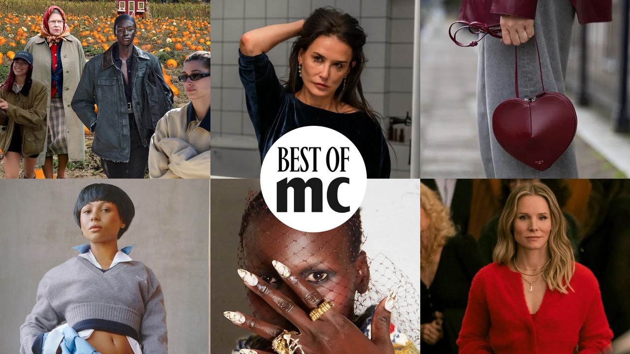 Split image of Myha’la, heart purse, manicure, and kristen bell in &#039;nobody wants this,&#039; demi moore in &#039;the substance,&#039; and collage of barn jackets with &#039;best of mc&#039; white and black circular stamp in middle 